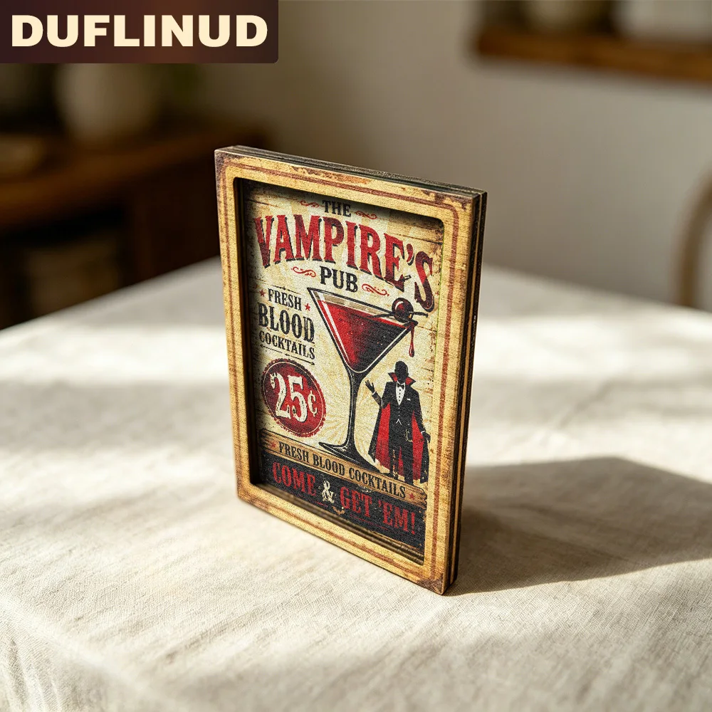 Vintage Bar Fridge Magnet. Mini Wood Vampire & Cocktail Sign. Full Magnet Back. Kitchen Decor & Fun Holiday Gift