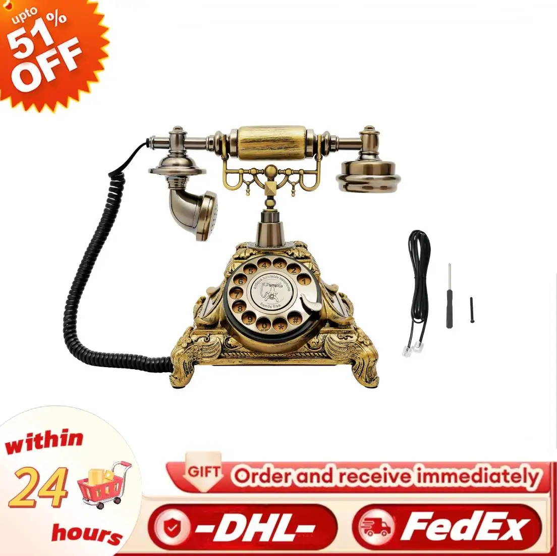 

Antique Telephone Desk Phone Old Fashioned Rotary Dial Telephone Corded Vintage Style Home Desk Retro Ornaments Gold
