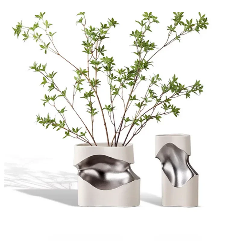 

Simple light luxury special-shaped ceramic vase model room, living room display cabinet, soft silver-plated flower device