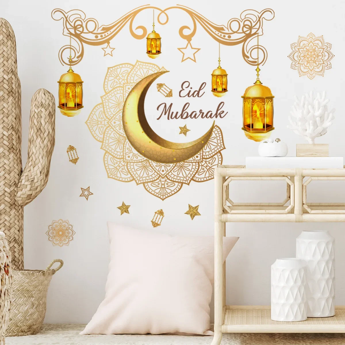 Nueva pegatina de pared Eid Mubarak, Luna dorada, estrella, linterna, calcomanía de pared, decoración de Ramadán 2024, fiesta musulmana islámica, ventana adhesiva