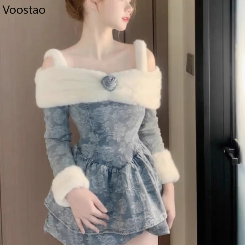 Korean Style Elegant Lolita Dress Autumn Winter Women Casual Plush Patchwork Floral Print Princess Dresses Sexy Party Slim Dress