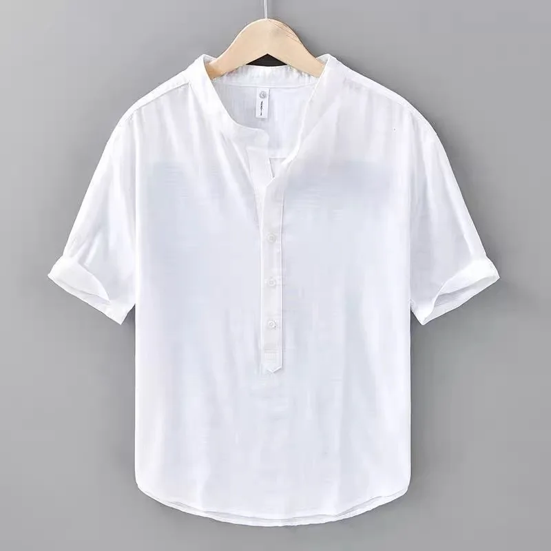Cotton Linen Short Sleeve Shirt Summer Thin Style Casual Simple Breathable Youth Popular Standard Fit Men's Open Cardigan
