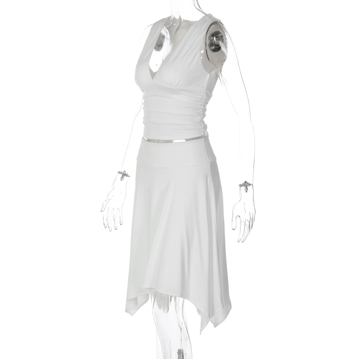 Hugcitar Fashion 2-teiliges Set, V-Ausschnitt, einfarbig, gerafftes, sexy Crop-Top, unregelmäßiger Midirock, Damen-Outfit für Strand, Urlaub, Party – Detail 3