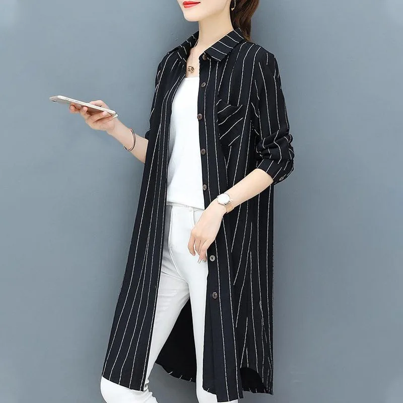 Casual Korean Midi Striped Print Shirt for Female Turn-down Collar Single-breasted Fashion Long Sleeve Blouse Women\'s Clothing