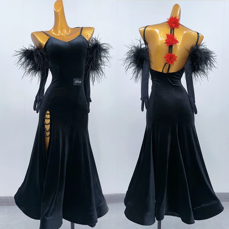 블랙 볼룸 댄스 드레스 여성 현대 표준 댄스 공연 복장 왈츠 경연 대회 옷 민소매 롱 드레스 2473