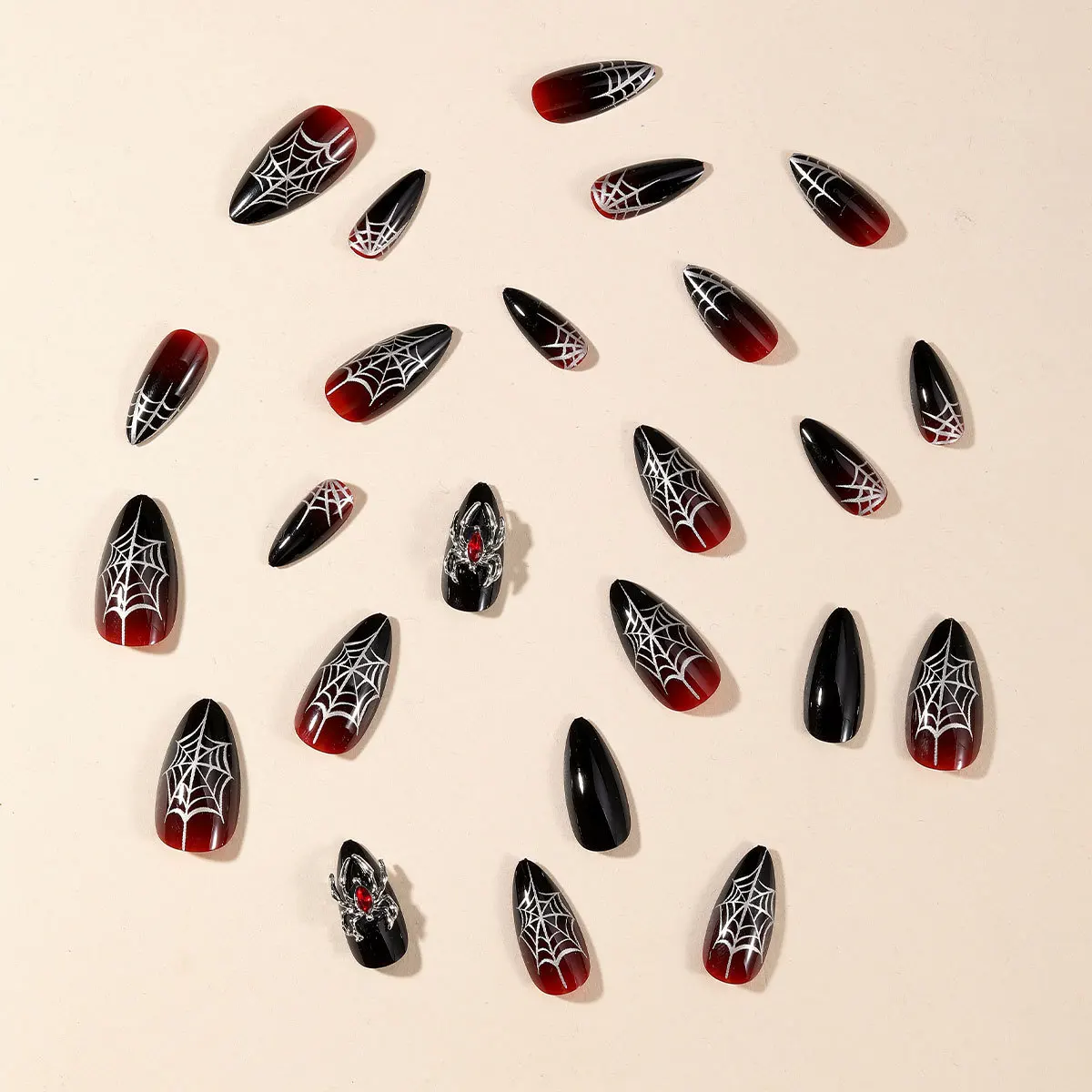 24 Stück Silber Spinne Design Fake Nail Heavy Metal Halloween Falsche Nagelspitzen Vollständige Abdeckung Tragbar Schwarz Coole Mandel Press on Nails – Detail 3