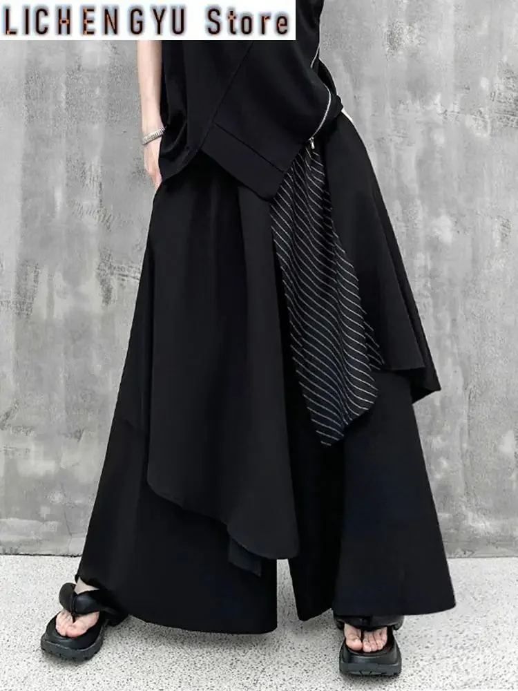 High Elastic Waist Black Striped Irregular Wide Leg Pants New Loose Fit Trousers Women Fashion Spring Autumn