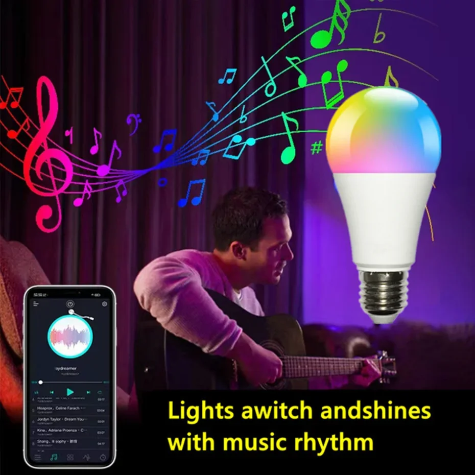 E27 Bulb Wireless Bluetooth 4.0 Smart Tuya APP Control Dimmable 15W E27 RGB+CW+WW LED Color Change Lamp Compatible IOS/Android