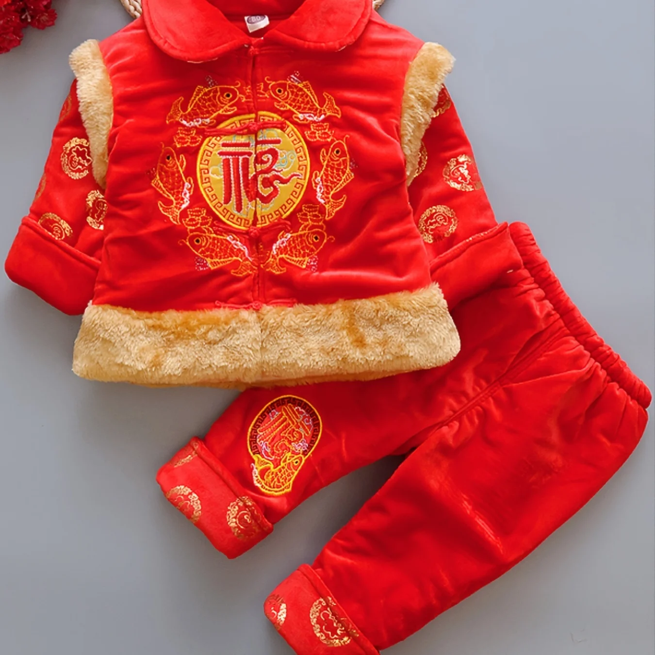 Boys Cute Chinese Style Tang Dynasty Suits Fleece Thermal Thickened Embroidered Top Pants Set New Year Party Hanfu