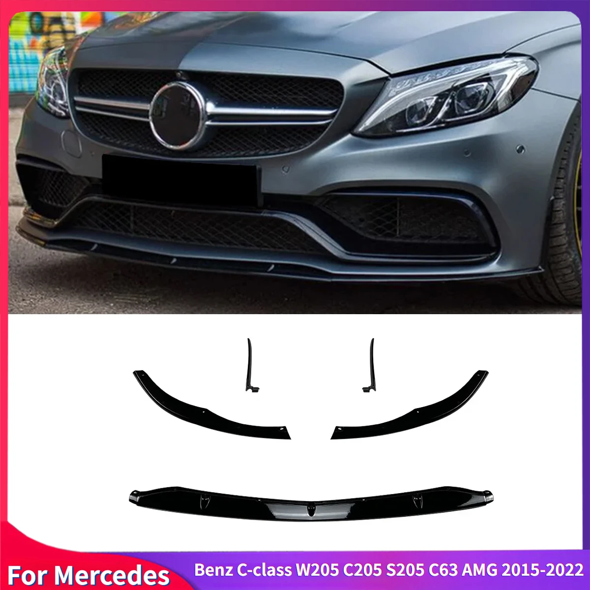 

For Mercedes-Benz C-class W205 C205 S205 C63 AMG 2015-2022 Car Front Bumper Lip Diffuser Spoiler Gloss Black Body Kits Tuning