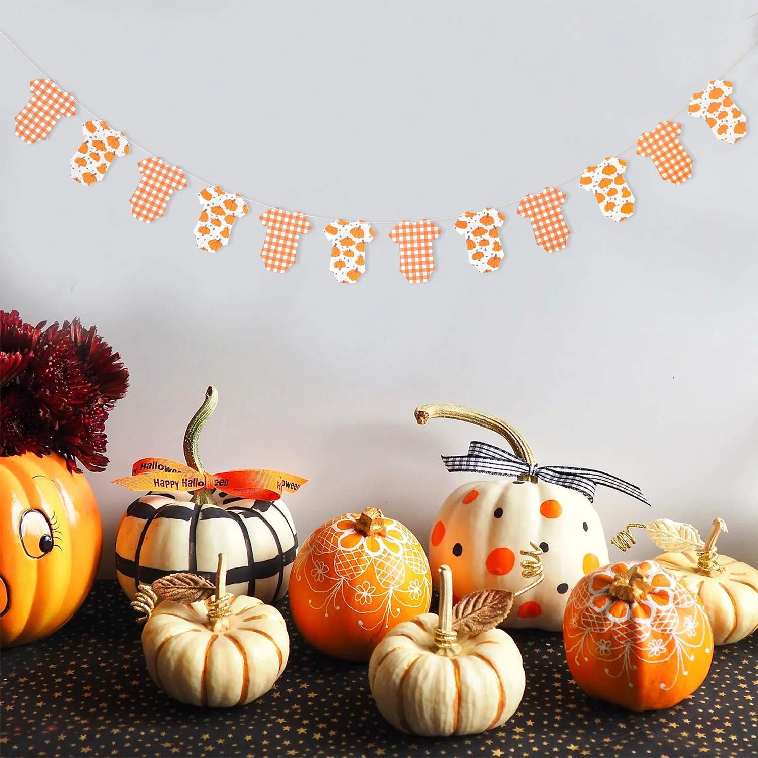 Little Pumpkin Bodysuit Baby Shower Banner Little Pumpkin On The Way Hanging Garland Fall Party Harvest Gender Reveal Decor - view 3