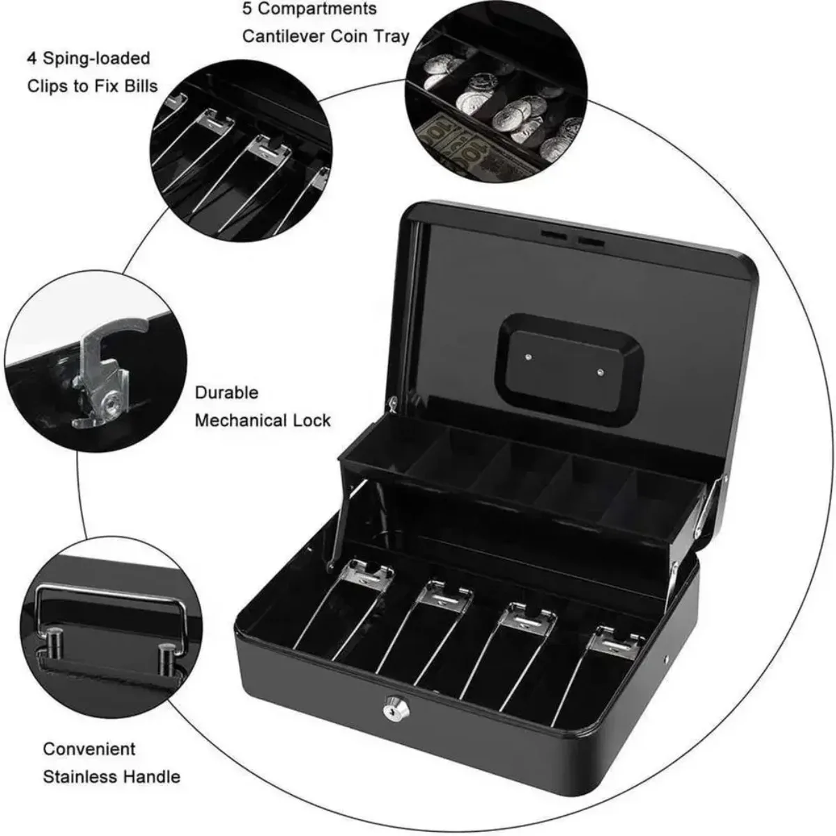 Cash Box with Lock Metal Money Organizer Cash Storage Box with Tray 4 Bill 5 Coin Slots Portable Safe Saving Box for Home Office