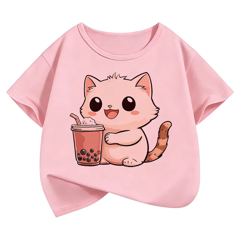 Cute Cat Drinking Design Kids Tshirts Summer Short Sleeve Tees Cartoon Boys Girls Clothes Kawaii Kitten Tops Children T-shirt