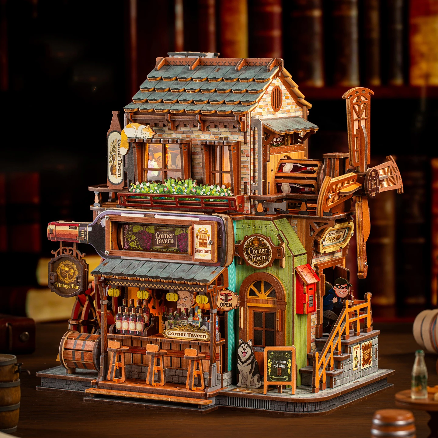 DIY Wooden Corner Tavern Cottage Miniature Model Kits With Furniture Puzzles Casa Dollhouse for Friends Birthday Gifts