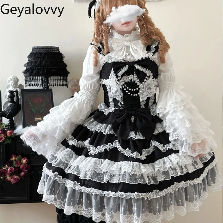 

Japanese Original Design Lolita Gorgeous Stand-up Collar Long-sleeved Versatile Shirt and Jsk Lace Bow Suspender Dress Set