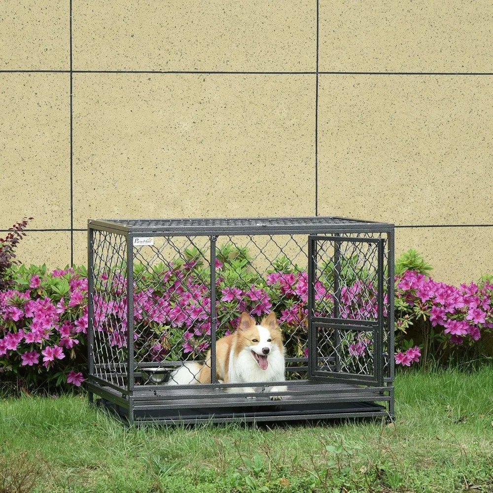 Heavy Duty Dog Crate, Metal Dog Cage Kennel with Lockable Wheels, Slide-Out Tray, Food Bowl and Double Doors