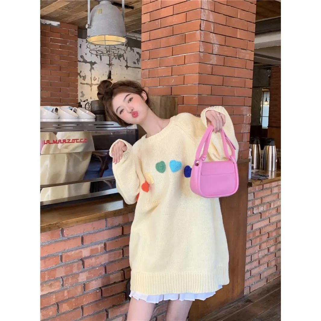 Lazy Style Three-dimensional Colorful Heart-shaped Round Neck Sweater for Women Latest Gentle Sweet and Loose Knit Sweater