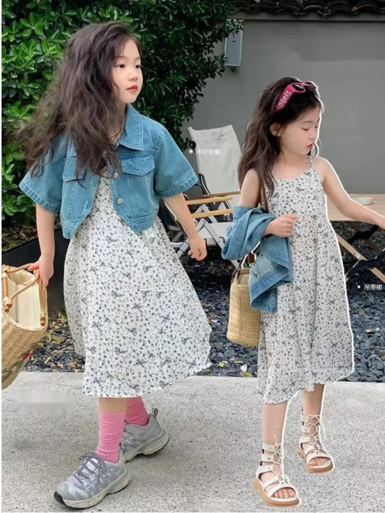 

Girls' Casual Dress Stylish Set Children's Daily Floral Suspender Dress Baby Summer Denim Jacket Two-piece Set