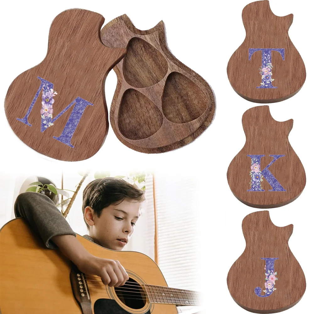 

1pc Wooden Guitar-Shaped Pick Box With Purple Flower Perfect For Daily Practice Picks Container Initial Name 26 Letters Pattern