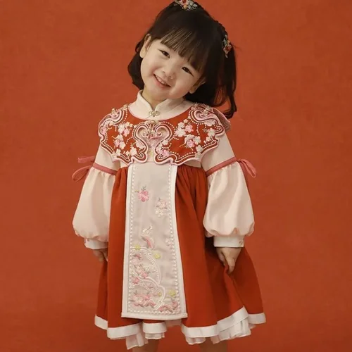 여아용 레트로 한푸 중국 치파오 자수 공주 원피스, 명나라 전통 새해 복장, 2024 신제품 