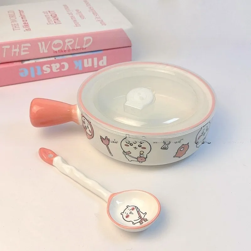 Cartoon Kawaii Ins Fun Cute Pink Handle Bowl with Lid Instant Noodle Bowl Material Thick Durable Exquisitely Exterior Chiikawa