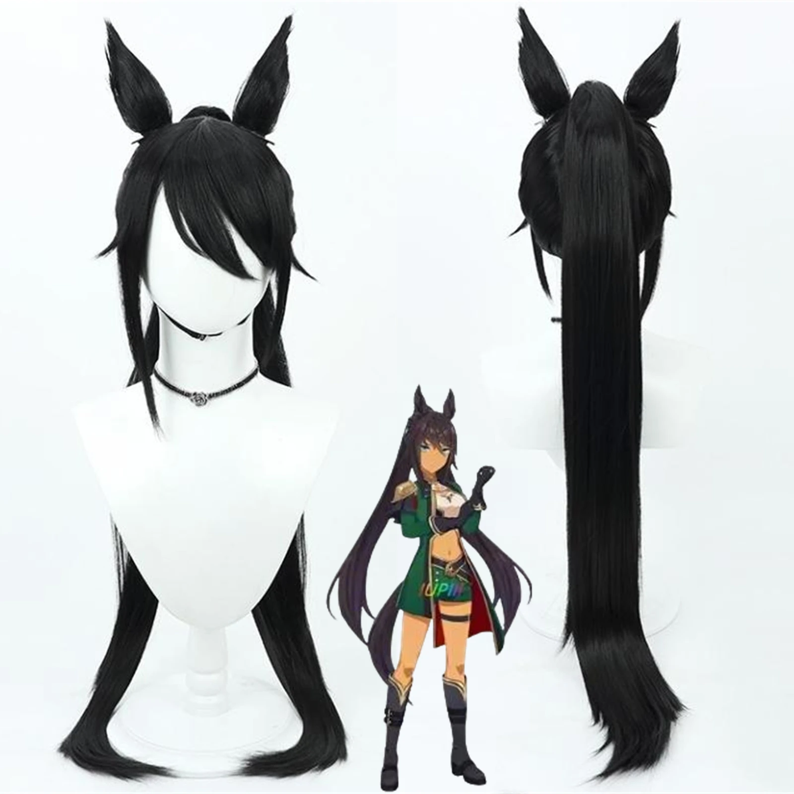 

Парик для косплея Uma Musume Pretty Derby Symboli Kris S, парик с ушками и хвостом для аниме-вечеринок, термостойкий парик из синтетического волокна, черный парик
