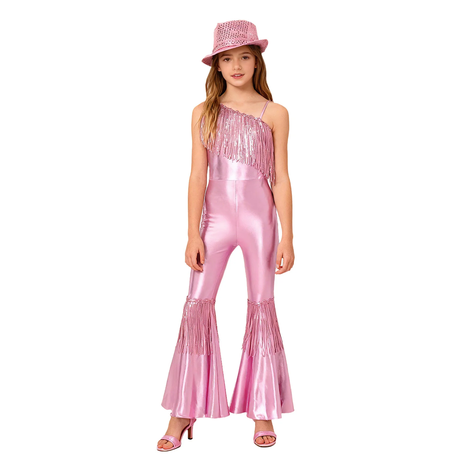 

Kids Girls Jazz Disco Dance Costume Sleeveless Sequins Tassels High Waist Jumpsuit with Fedora Hat for Banquet Pageant Party
