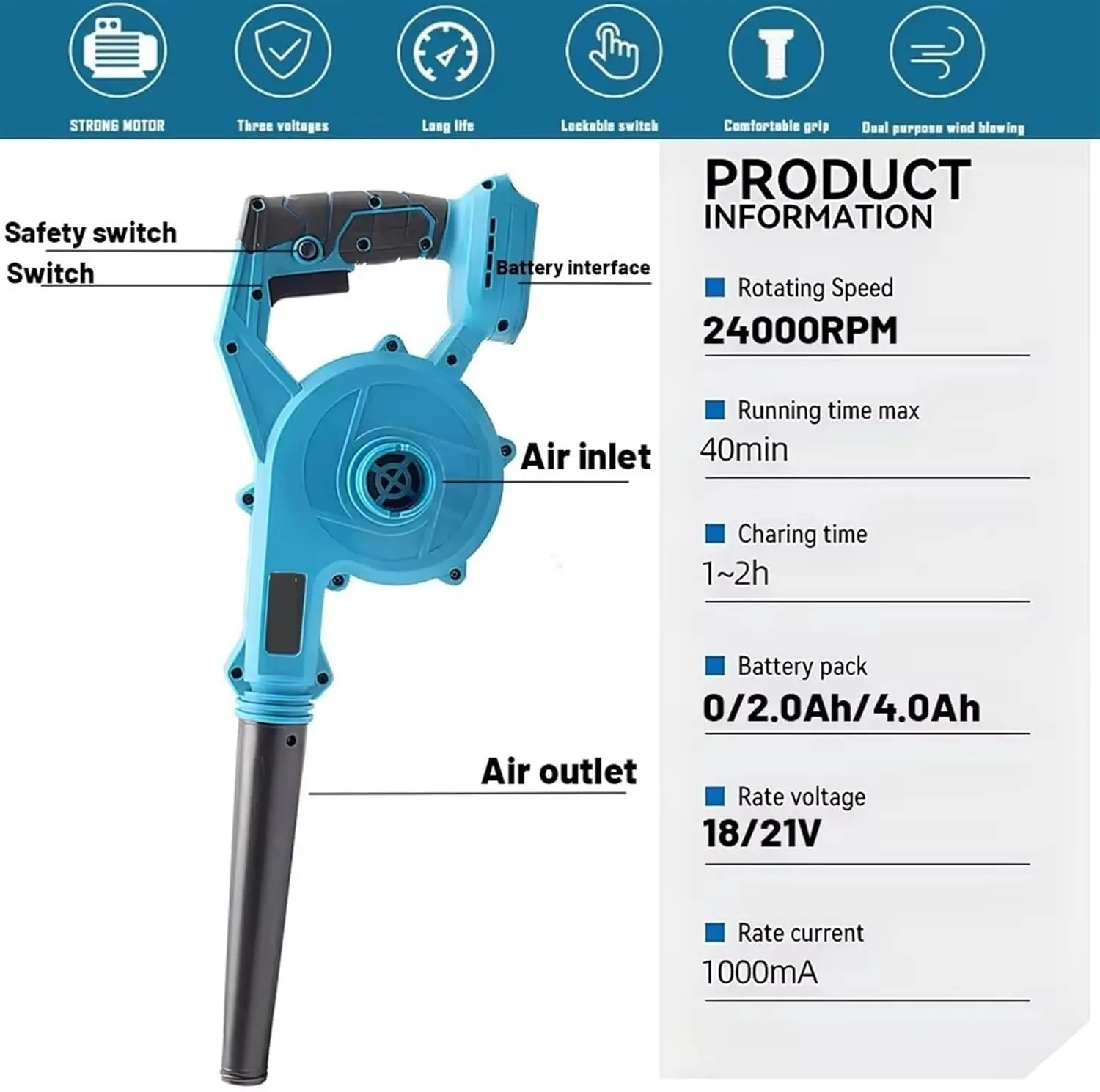 

18V Li-Ion Battery Cordless Handheld Leaf Blower Electric Air Blower Garden Vacuum Cleaner Dust Computer Collector For Makita
