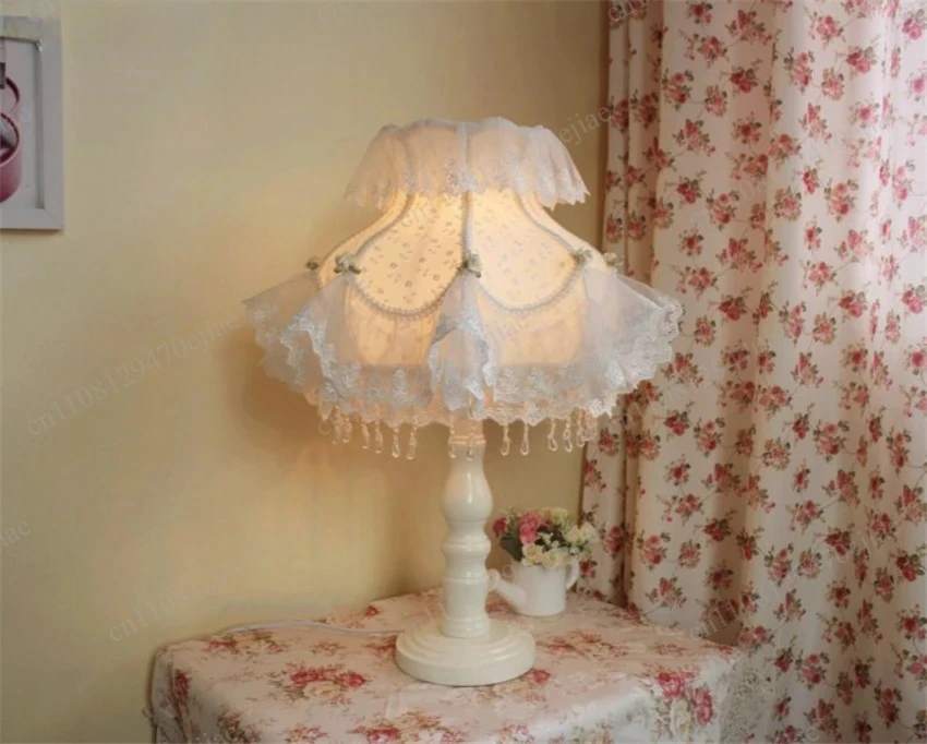 Korean Modern Lace Table Lamp-LED Desk Light with Decorative Fabric Shade for Living Room,Bedroom Bedside, and Home Office Decor