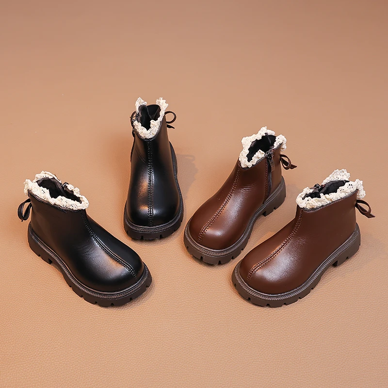 

Ботильоны для девочек, милые кружевные детские модные школьные подиумные сапоги, элегантные детские повседневные короткие сапоги принцессы с рюшами по краям, тренд