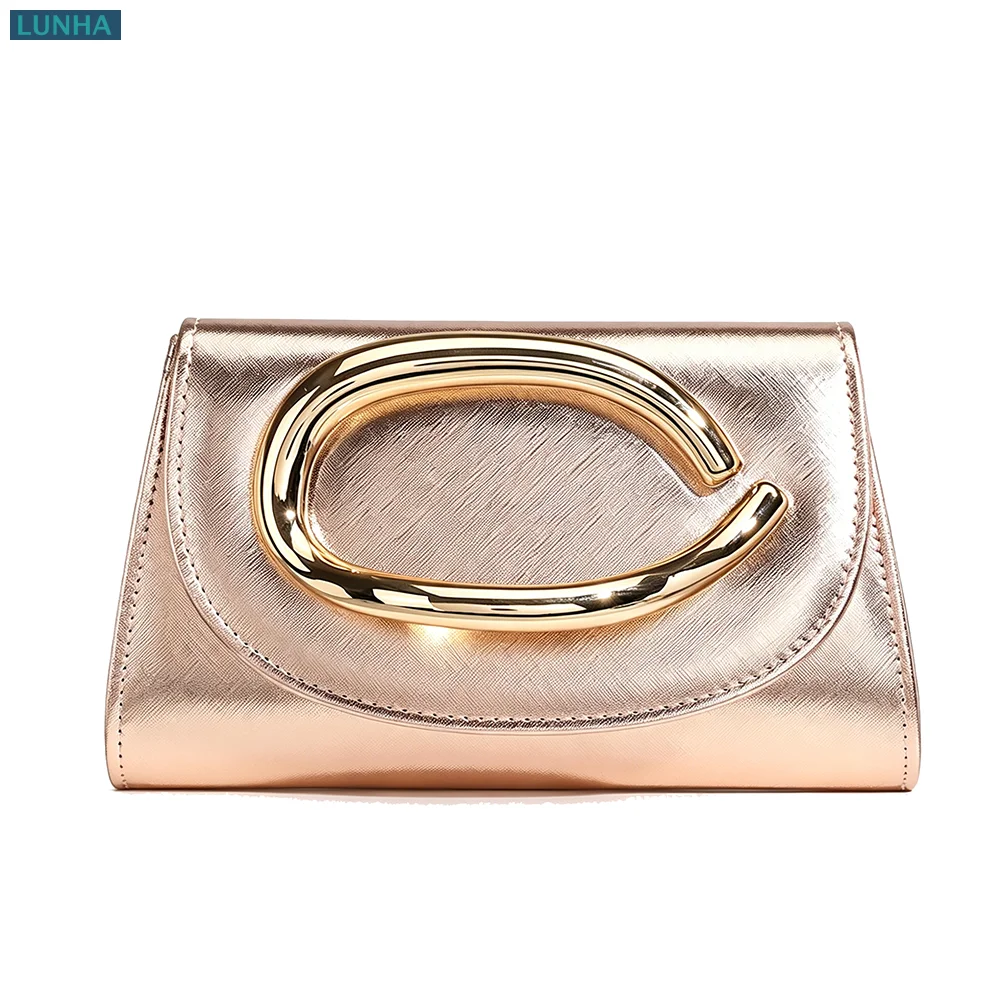 Women Envelope Evening Clutch Luxury Gold Silver PU Bridal Party Handbag Crossbody Purse with C-Shaped Clasp Convertible Chain