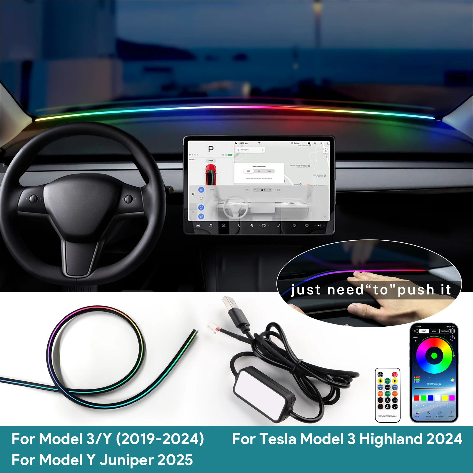 

For Tesla Model 3 Highland 2019-2024 Model Y 2025 Juniper Front Windshield LED Ambient Strip Light Car APP Control Symphony Lamp
