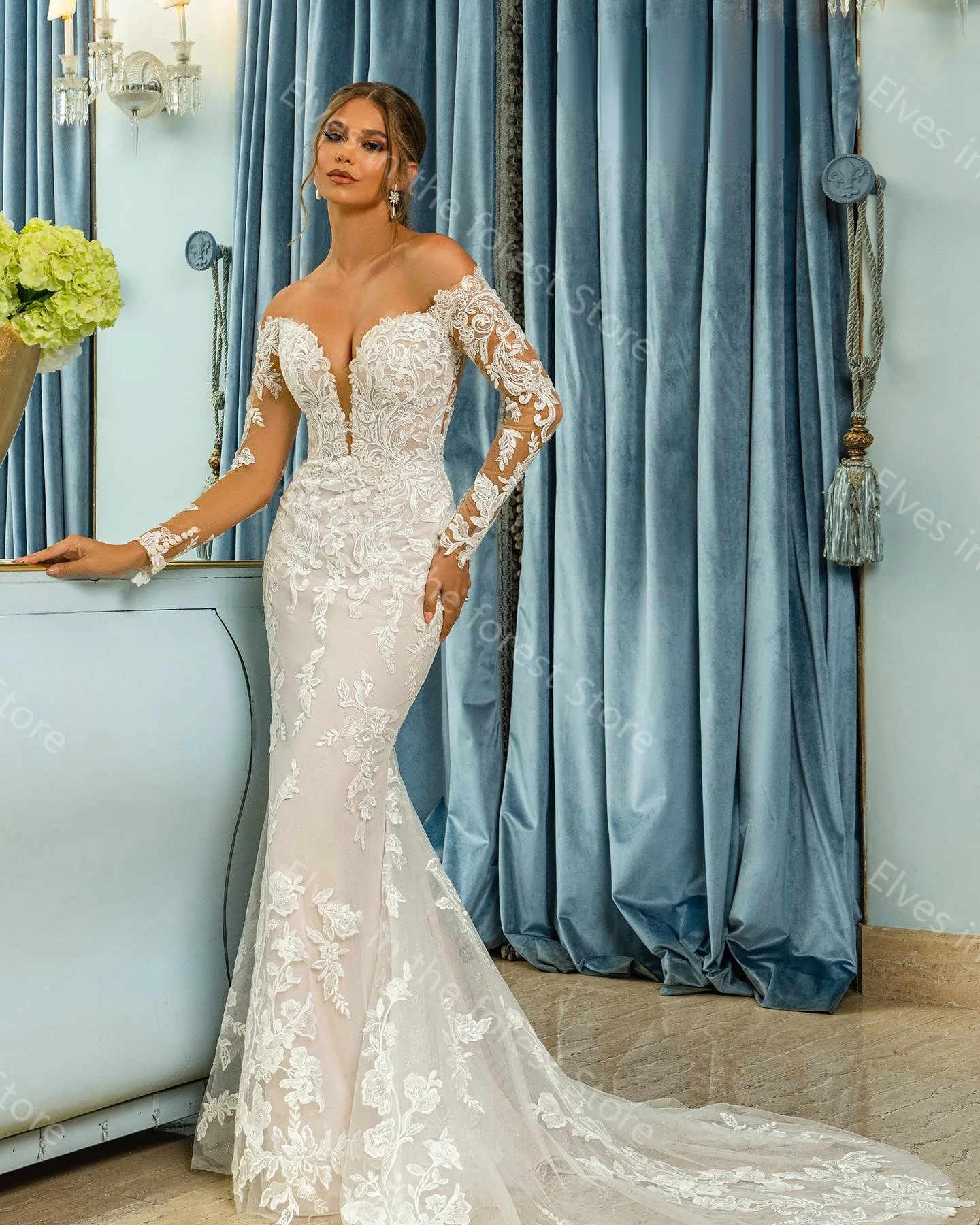 Vestidos de novia de sirena de alta calidad para mujer, hombros descubiertos, vestidos de novia de manga larga con tren desmontable, túnicas sexys de Mariee