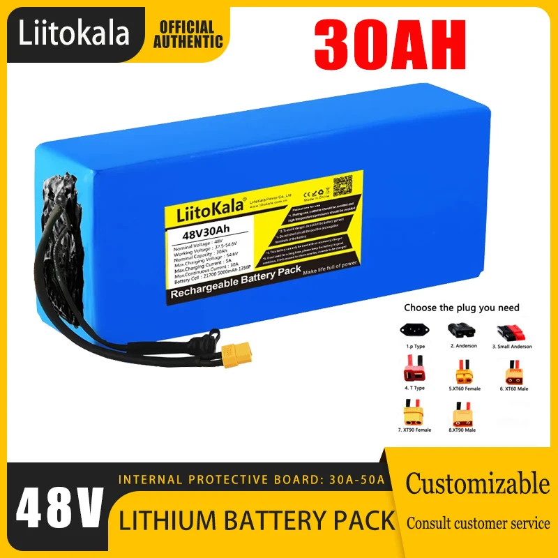 LiitoKala 48V 30Ah 21700 5000mah 13S6P Lithium ion battery Scooter Battery 48v 30ah Electric Bike Battery XT60 48V5A charger