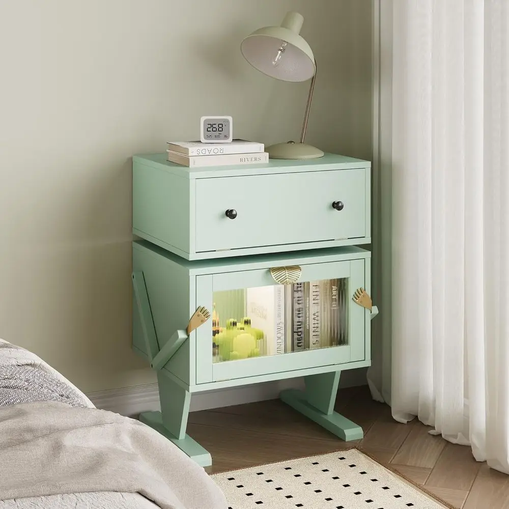 Contemporary Green LED-lit Nightstand with 360° Swivel, Storage-Friendly Wooden End Table for Bedroom or Home Office