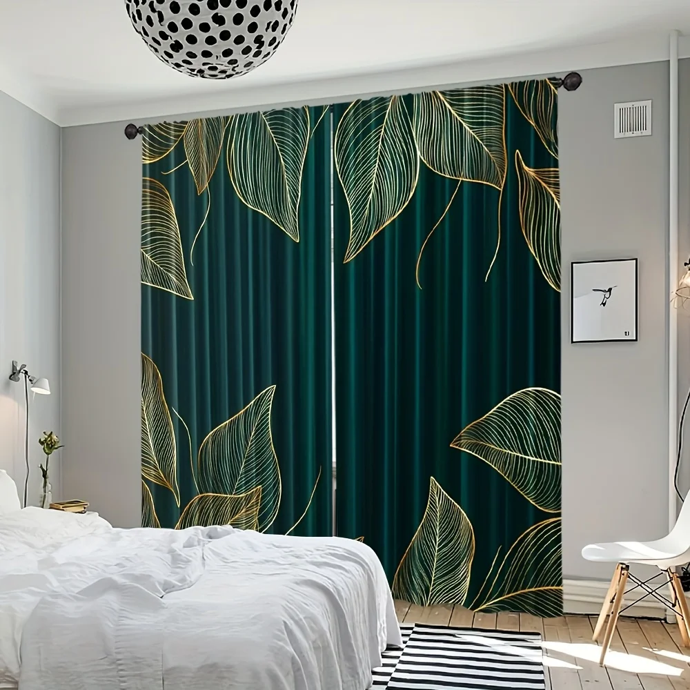 

2 шт. темно-зеленых штор с узором из золотых листьев для спальни и гостиной, обеспечивающие уединение и декор, в современном тропическом стиле. Без карниза.