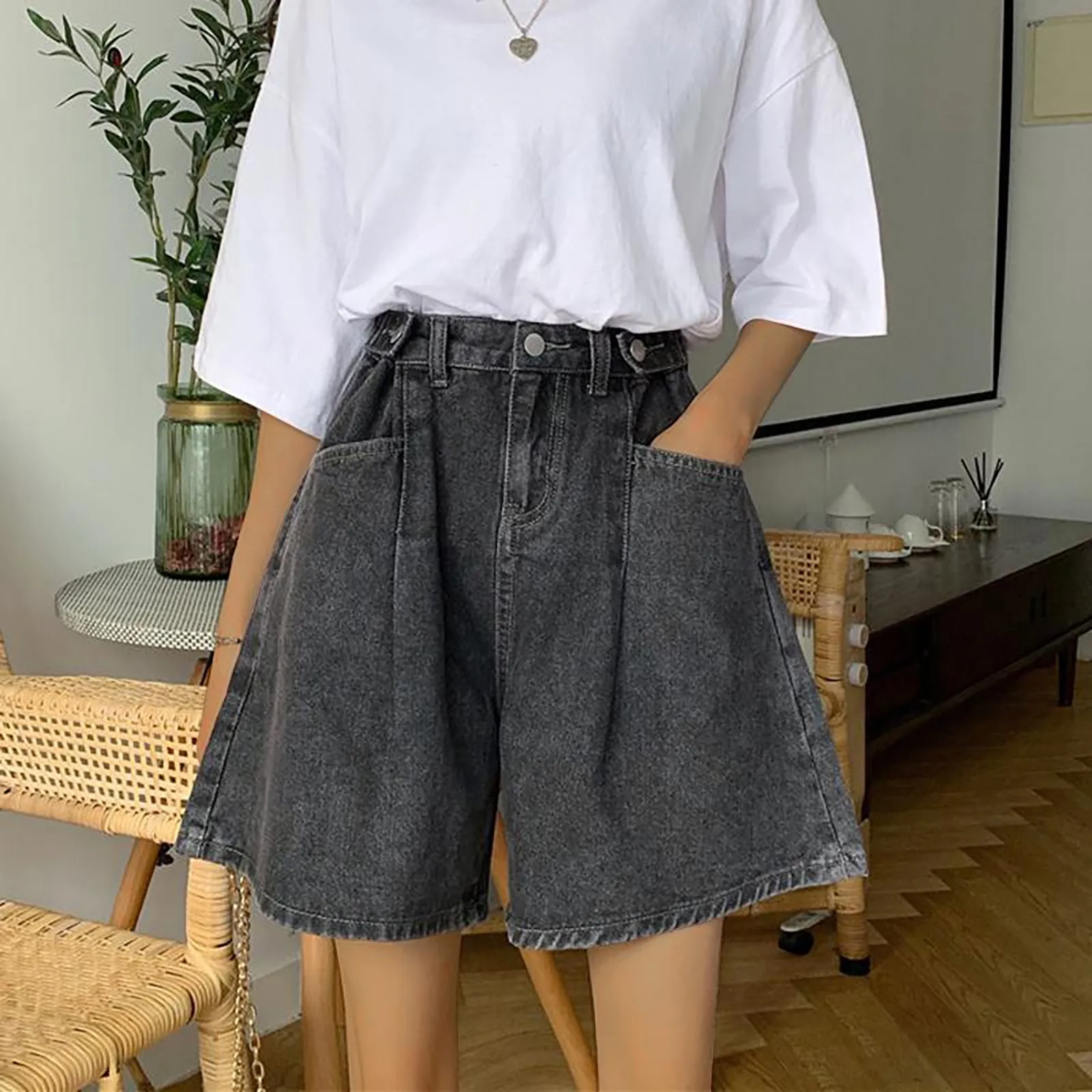 

Women's Jeans Solid Color Simple Wide Leg Rolled Edge With High Waist Versatile Loose Slim A Line Hot Thin Oversize Pants