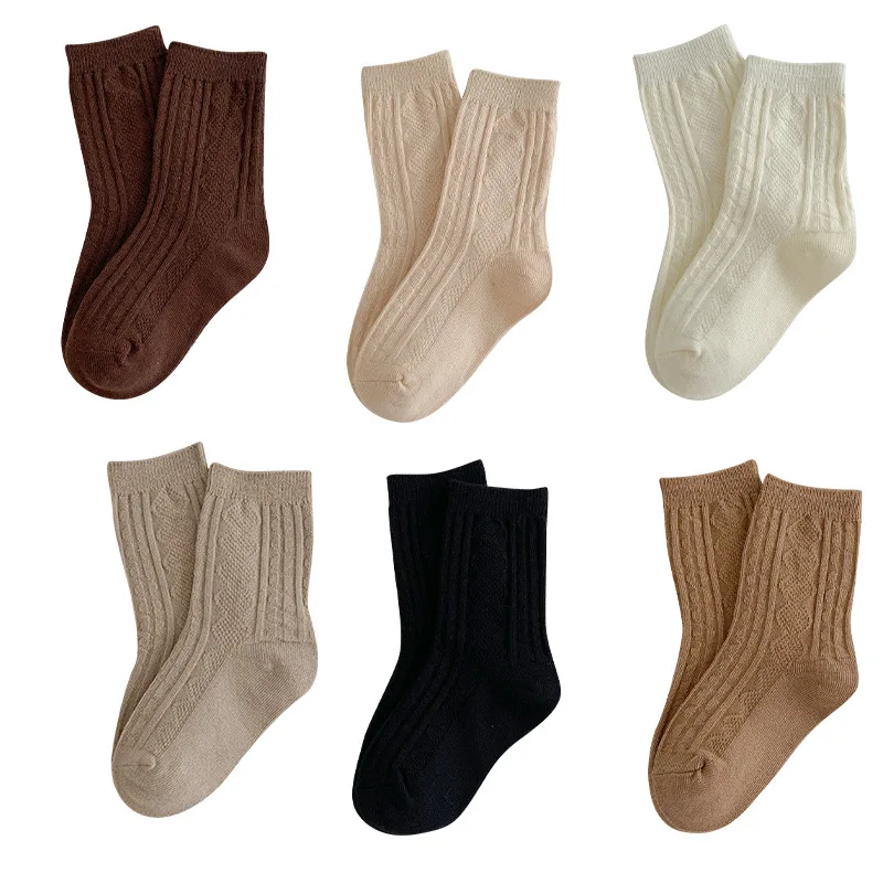 Korean Fashion Knit Socks Kids Vintage Coffee Color Middle Tube Socks Infant Toddler Children Boys Girls Socks 1-9years Old