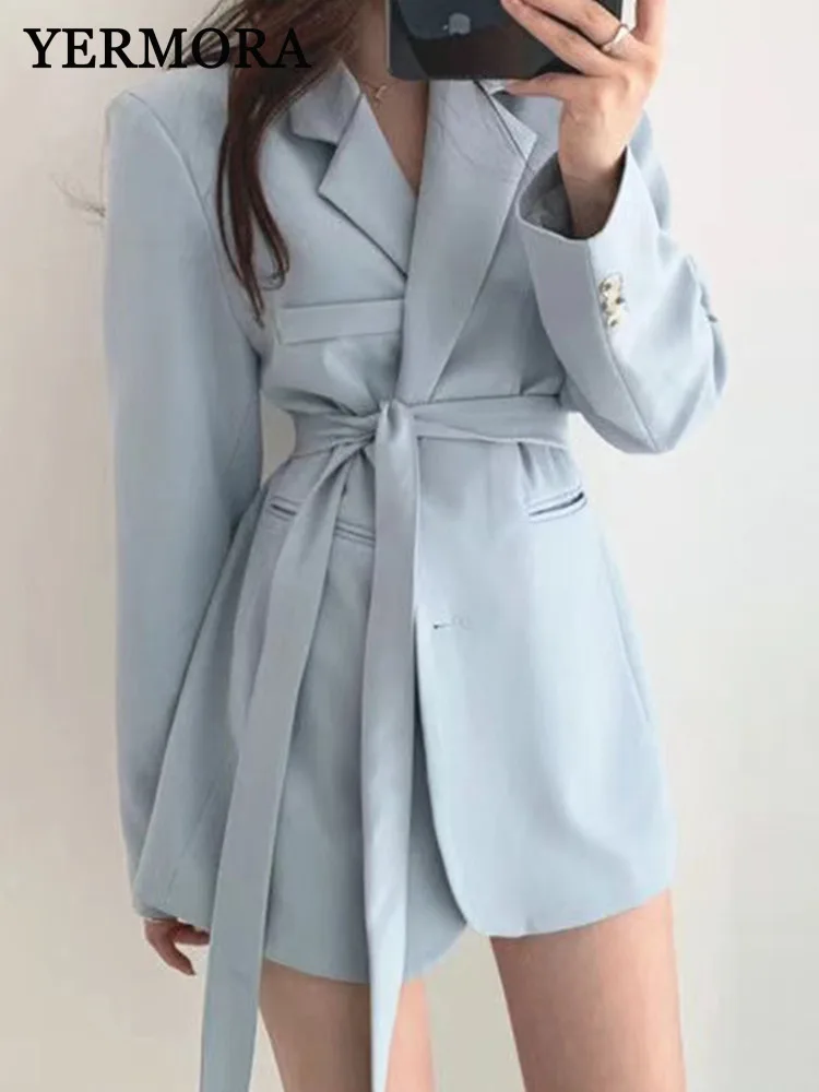 YERMORA blue belted button casual blazer for women lapel long sleeve loose jacket fashion tide spring autumn 2025 new A260