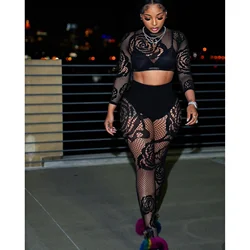 2026 Sexy Lace Mesh 2 Piece Pant Set Outfits Women Playsuits Jumpsuits Winter Fall Clothes Club Elegant Two Piece Pant Sets