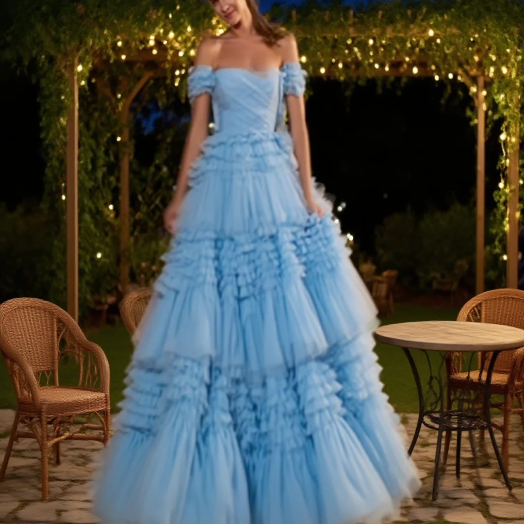 

Customized modern-style off-the-shoulder long-sleeved floor-length evening dress for ladies, suitable for formal events.
