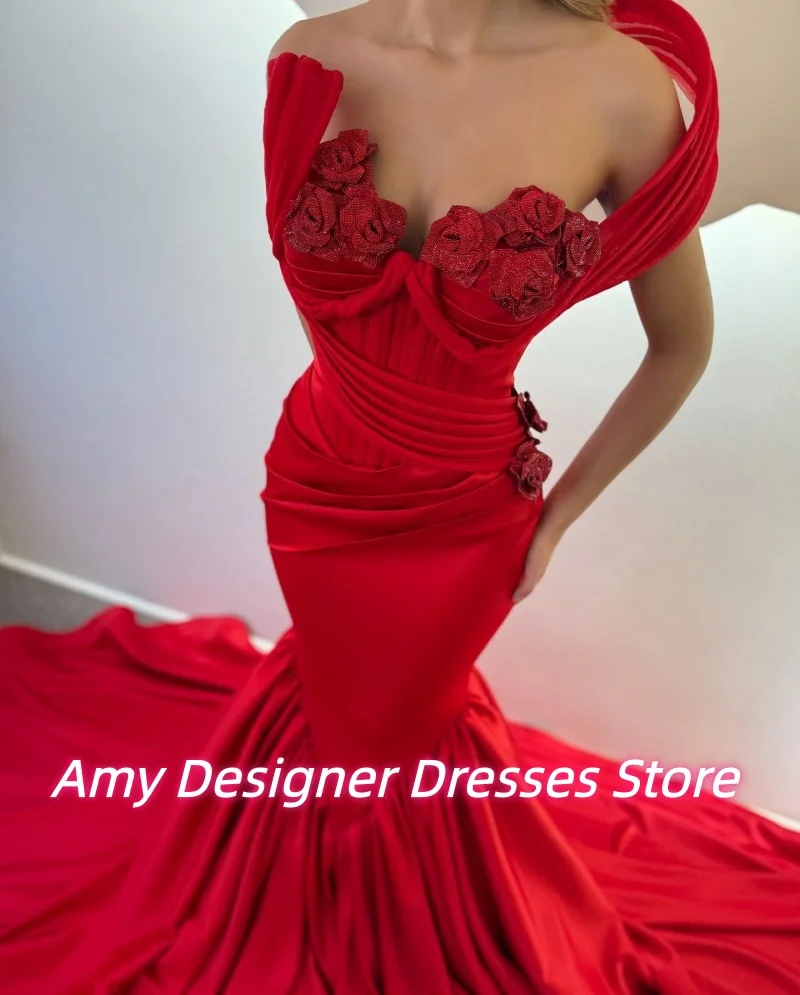 ชุดราตรีสีแดงทรงเมอร์เมดสำหรับผู้หญิง สไตล์ซาอุดิอาระเบีย เปิดไหล่ ชุดออกงานหรูหรา สามารถสั่งตัดได้