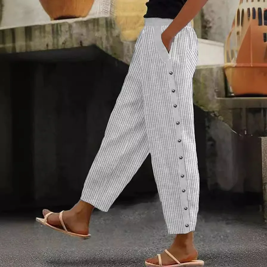 2025 Fashion New Print Striped Nine-point Pants Women's Summer Casual Pocket Trousers Europe and America