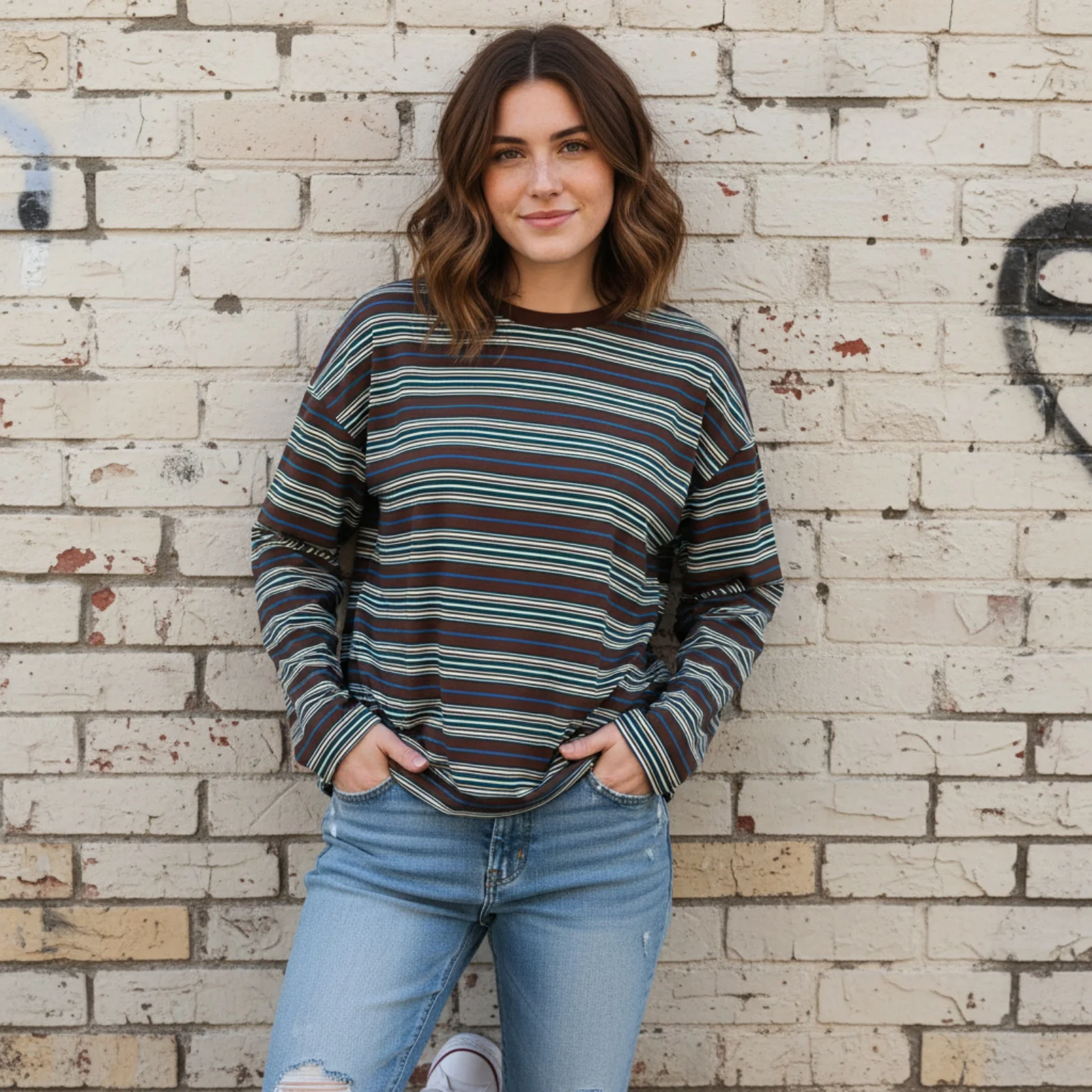 

Spring Fall Long Sleeve Crew Neck T-shirts Women Loose Ladies Casual Striped Print Basic Top Streetwear