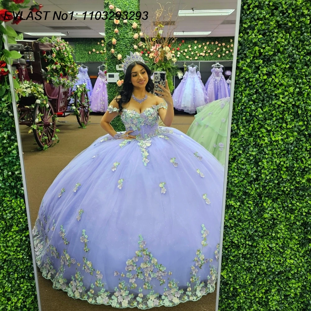 

EVLAST блестящее лавандовое бальное платье Quinceanera по индивидуальному заказу, платье Quinceanera с 3D цветочной аппликацией и бантом из бисера, Sweet 16, Vestidos De 15 Anos E1QN54