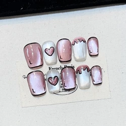 10pcs Cat Eye Handmade Press on Nails Short Square Gel False Nails with Glue Cute Rabbit Heart Stick on Nail Dreamy Fake Nails