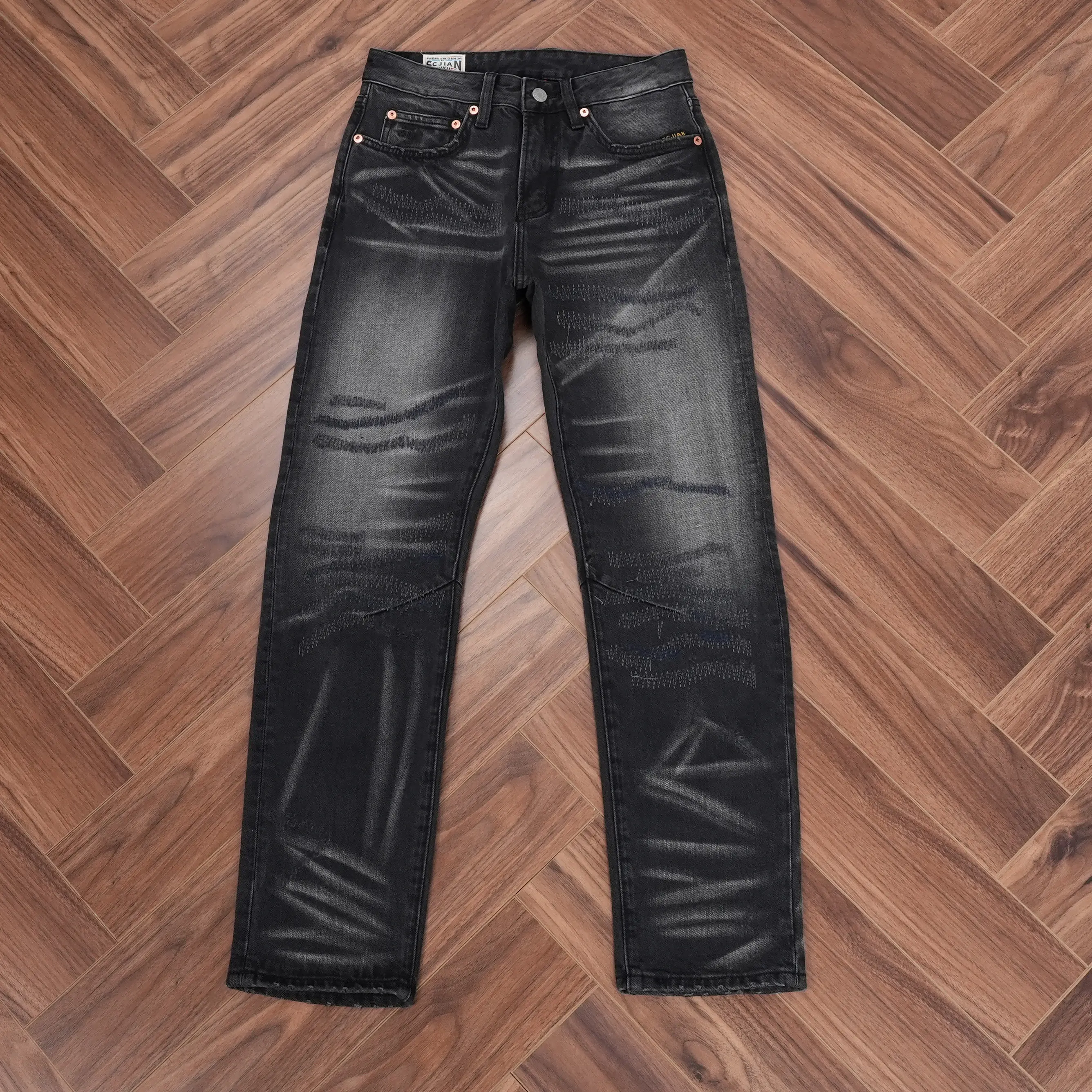 High Quality Autumn Washed Black Gray Denim Jeans for Men American Vintage Casual Ripped Hole Distressed Regular Straight Pants