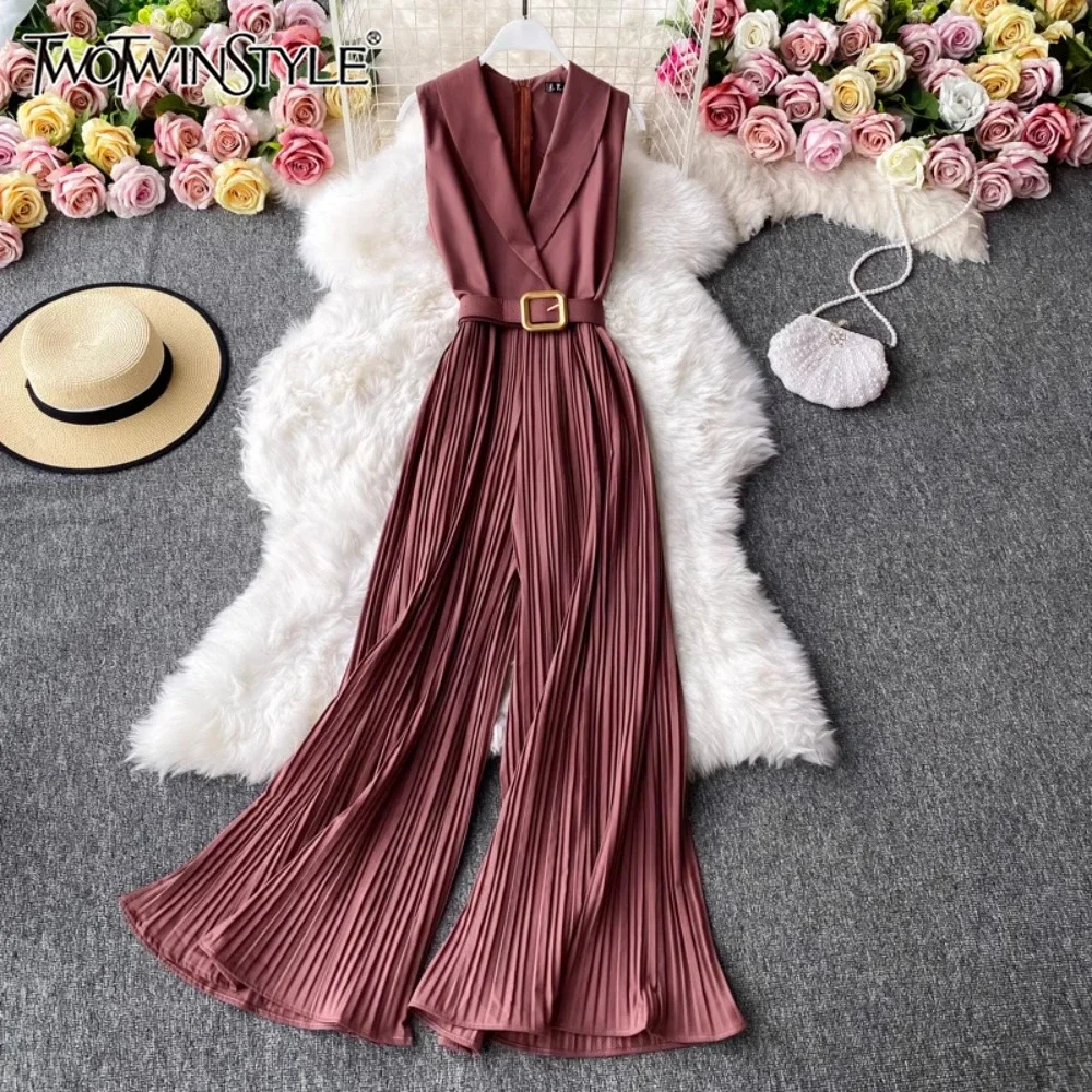 TWOTWINSTYLE Solid Casual Jumpsuits For Women Lapel Sleeveless High Waist Patchwork Sashes Wide Leg Jumpsuits Female KJU522015