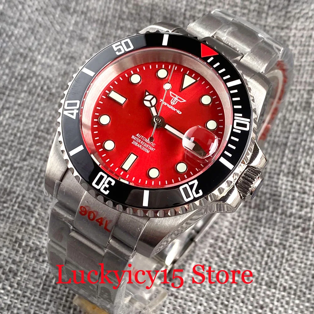 

Tandorio 40MM Automatic Japan NH35A Movement Red Sunburst Dial 120 Clicks Steel Mechanical Men Watch Luminous Brushed Bracelet
