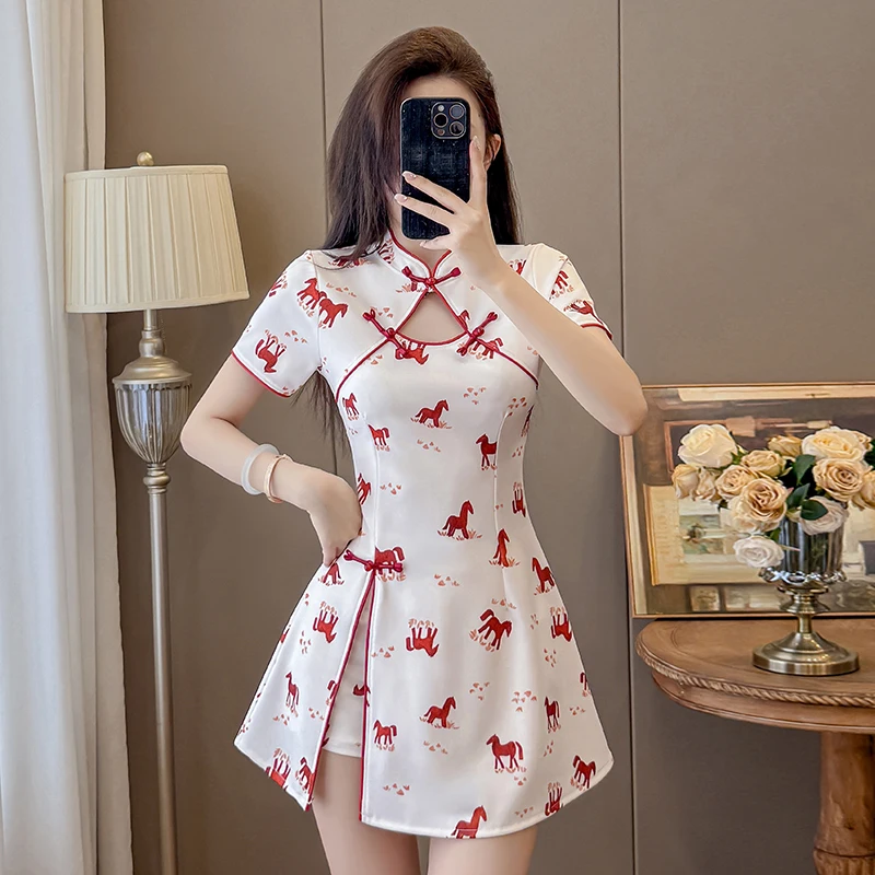 New Chinese Style Qipao Dress Set for Women 2026 New Elegant Printed Two-Piece Outfit with Horse Pattern Cheongsam Outfits